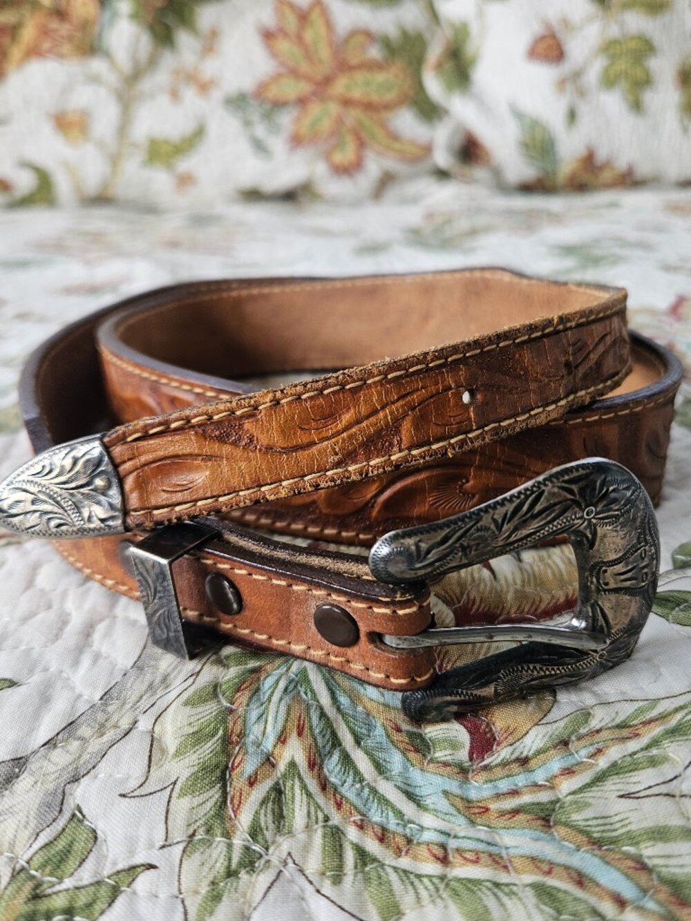 Vintage Don Ricardo Tooled Leather Belt, Size 36, Central Belt Co.